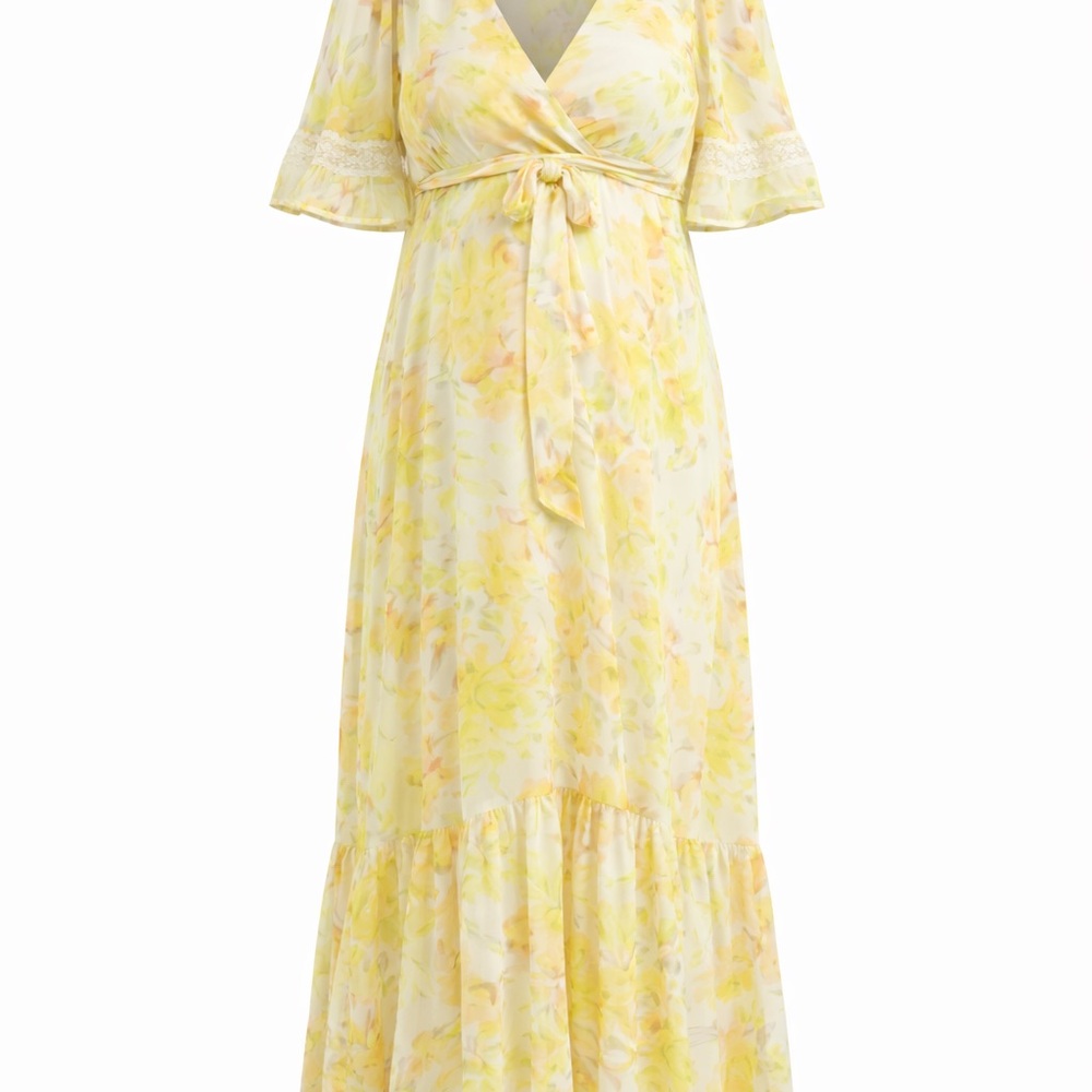 Yellow Floral Maternity Wrap Maxi Dress